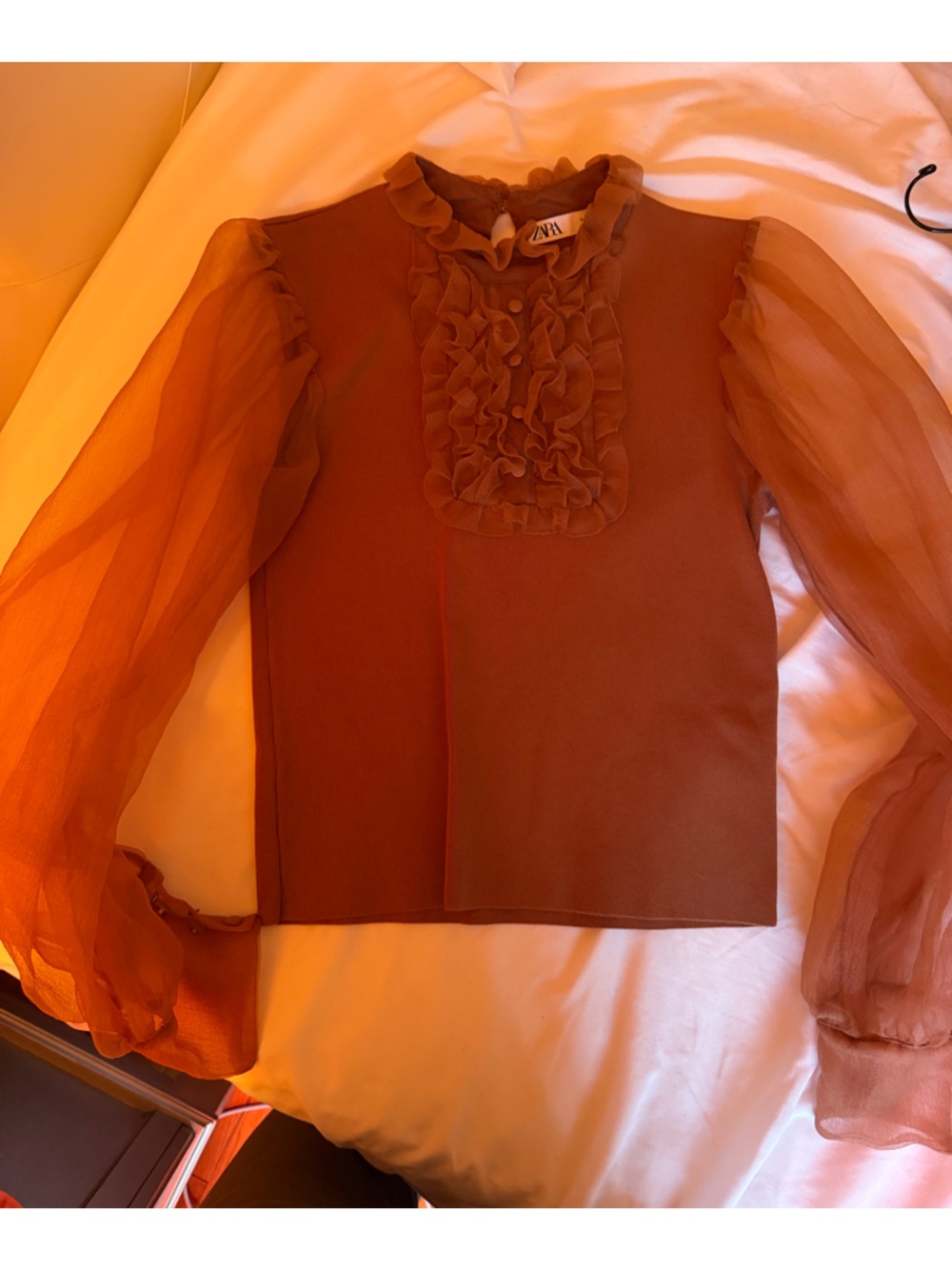 Zara Rust Brown Ruffled Sleeve Top